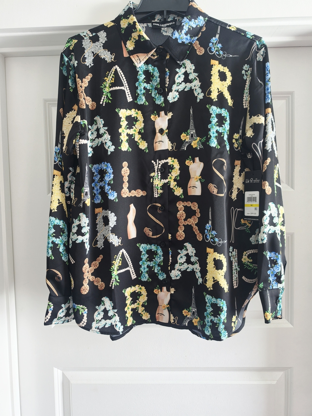 Karl Lagerfeld Black Floral 'KARL PARIS' Print Satin Button-Up Shirt